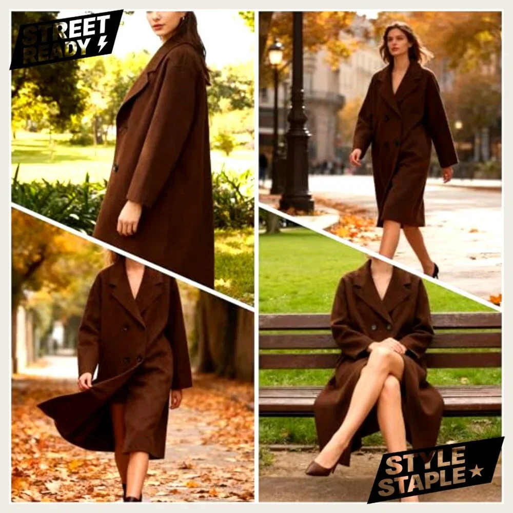 Long Wool Pea Coat Double Breasted Notched Lapel Trench Coat - Picture 6 of 7